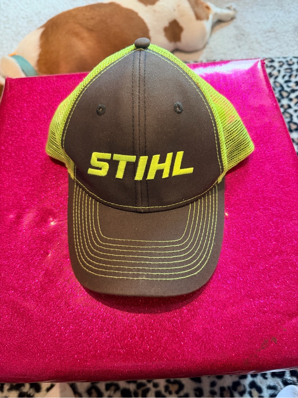 STIHL Men's Brown and Neon Yellow Mesh Trucker Hat